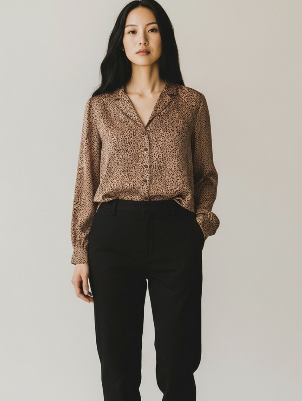Women's Tan Animal-Print Button Front Blouse